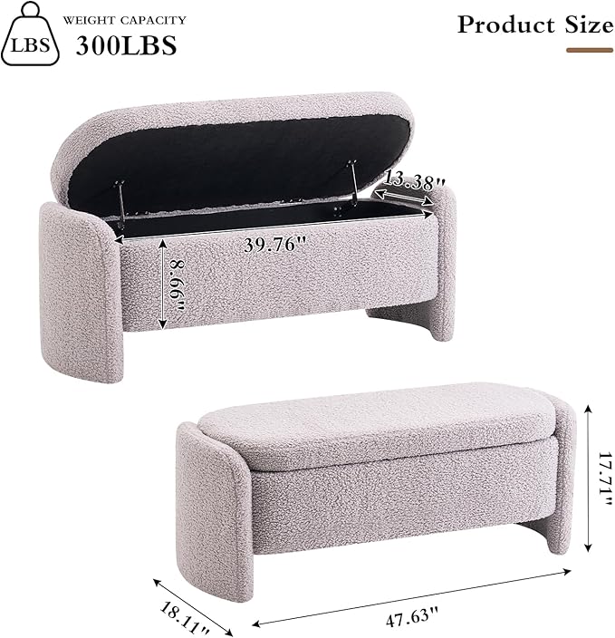 48 Inch Lamb Fleece Oval Storage Bench Upholstered Ottoman Bench with Storage, Bedroom Bench with Large Storage Space, for Bedroom Living Room Entryway, Grey-PurrikoPets