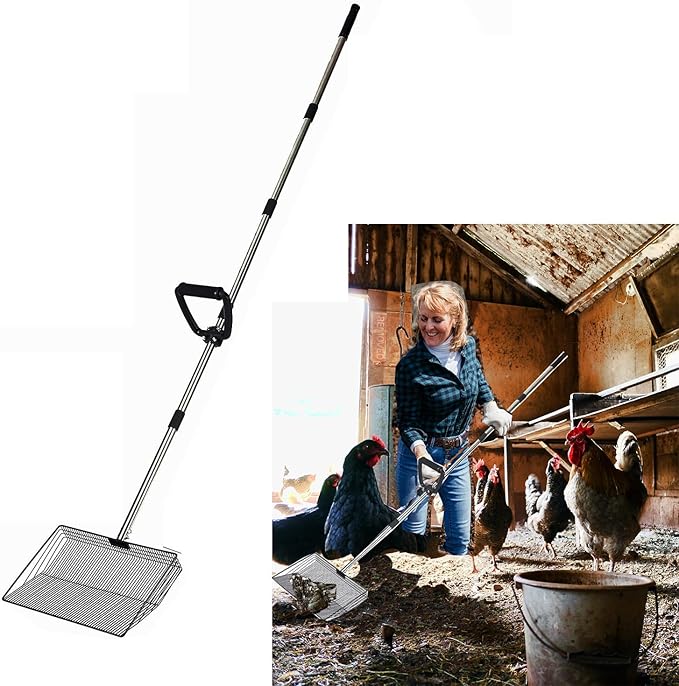 15 Inch Large Chicken coop Scoop with Ergonomic Grip Adjustable Long Handle (24-64") Chicken Poop Scooper Sifting Shovel rake Stainless Steel Metal coop Scoop (L/15 INCH)-PurrikoPets