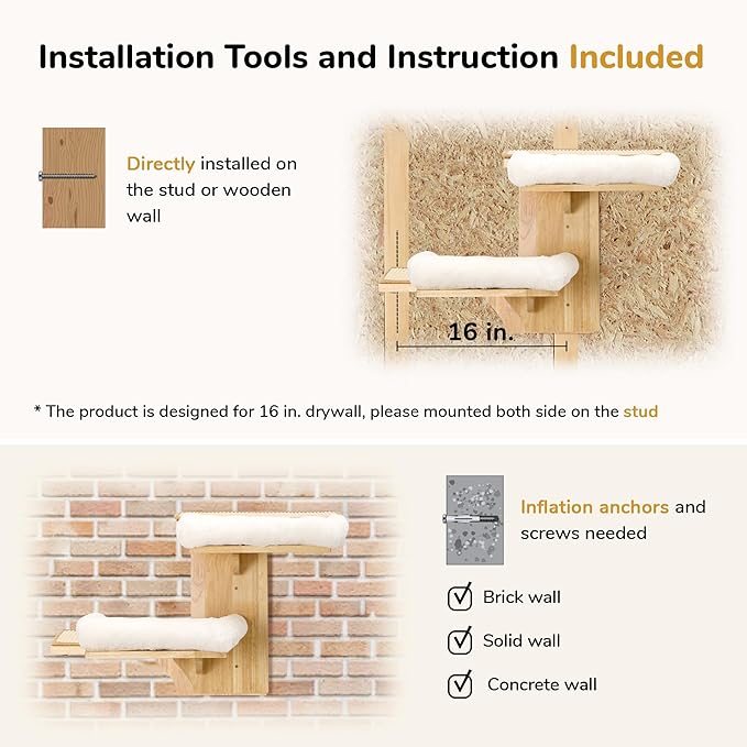 FUKUMARU Cat Wall Shelves, 2 Platform Cats Walls Furniture, Tree Shape Kitten Floating Shelf with Soft Cushion Perch, Solid Rubber Wood for 16 Inch Drywall, Suitable for Climb, Play, Nap-PurrikoPets