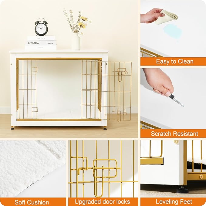 DWANTON Dog Crate Furniture with Cushion, Wooden Kennel Table with Double Doors, Indoor Dog House, Medium Size, 32.5" L, White-PurrikoPets