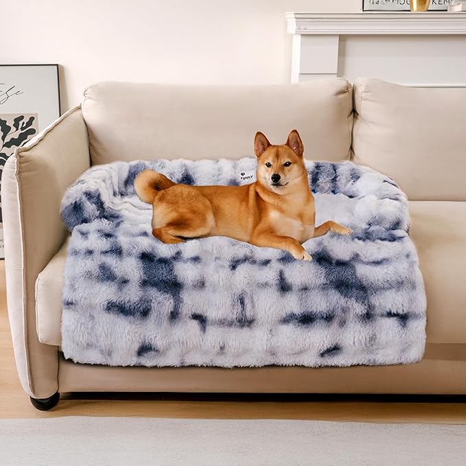 FUNNY FUZZY Pet Fluffy Fuzzy Couch Cover, Calming Washable Dog Bed Sofa Protector Pets Mat for Small Medium Dogs and Cats (Tie-dye Blue,33.45 × 28.35 × 5.51 in)-PurrikoPets