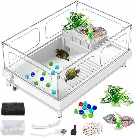 GOZILLA Small Turtle Tank, Acrylic Turtle Tank Starter Kit, Reptile Habitat and Terrarium with Multi-Functional Areas for Tortoise, Crab, Crayfish, Small Reptile.(Black Tank)-PurrikoPets