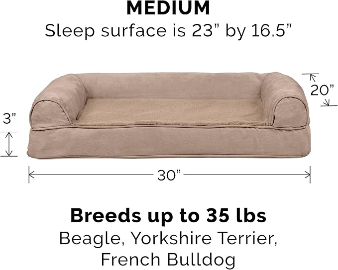 FurHaven Orthopedic Foam Sofa Dog Bed with Washable & Removable Cover - Plush/Suede - Almondine, Dogs Up to 35 lbs - Medium-PurrikoPets