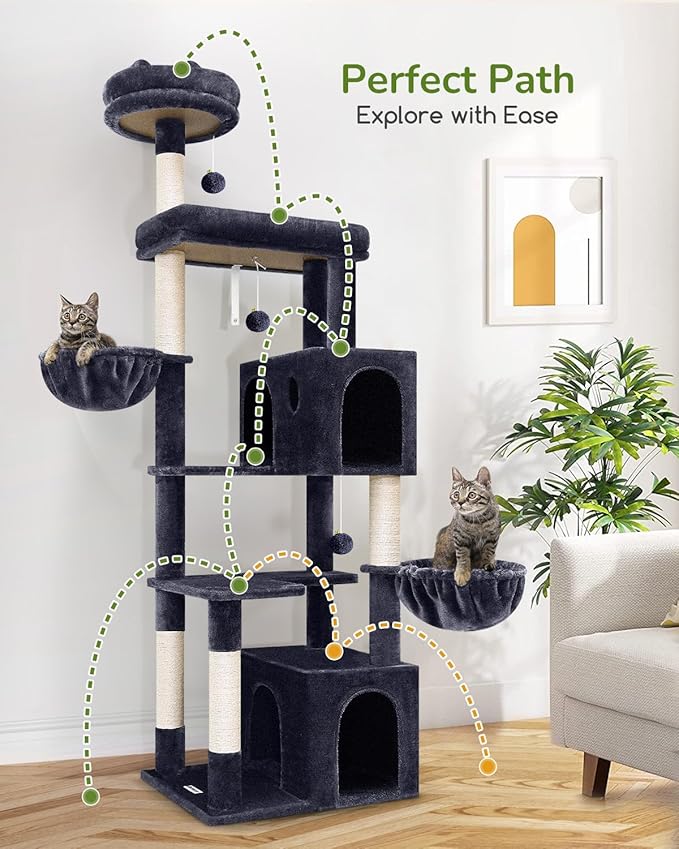 Globlazer Heavy Duty Cat Tree Tower, 73in Tall Cat Tree for Indoor Cats Large Adult, Cat Condo for Large Cats with 5 Scratching Posts, 2 Cat Caves, 2 Padded Perches, 2 Hanging Baskets, F73, Dark Gray-PurrikoPets