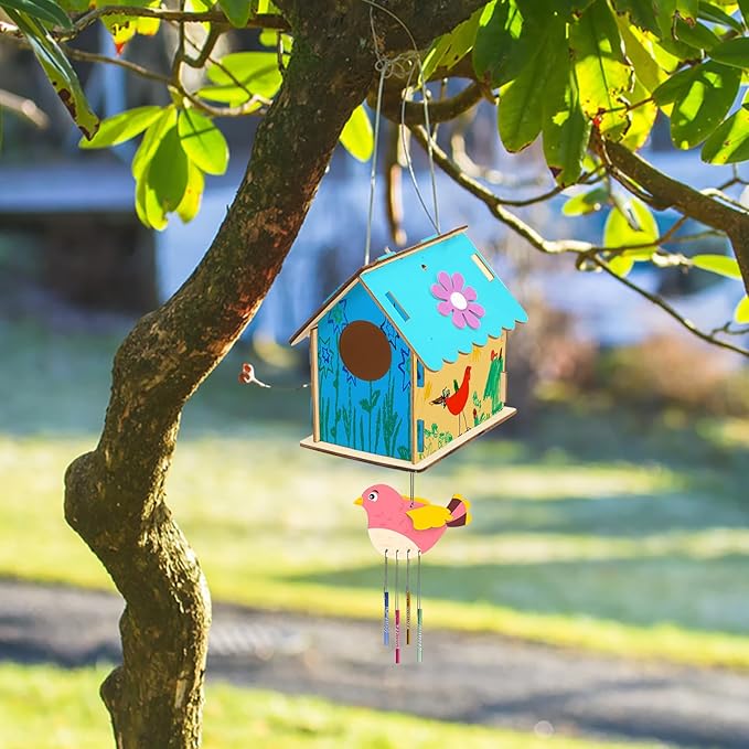 Fennoral 12 Pack Bird House Craft Kit for Kids Make You Own Bird Wind Chime Kit DIY Build and Paint Wooden Birdhouses Bird Feeder Art and Craft for Spring Yard Garden Outdoor Decoration-PurrikoPets