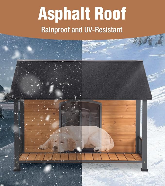 Extra Large Dog House Outdoor for Large Dogs, Insulated Dog House with Metal Frame, Waterproof Dog Shelter with Asphalt Roof, PVC Curtain & Multifunctional Patio, Indoor Outdoor Use-PurrikoPets