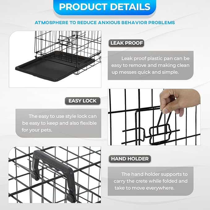 FDW Dog Crate for Small Dogs 18 Inch Folding Metal Wire Pet Cage Double Door W/Divider Panel Indoor Outdoor Kennel Leak-Proof Plastic Tray,Black-PurrikoPets