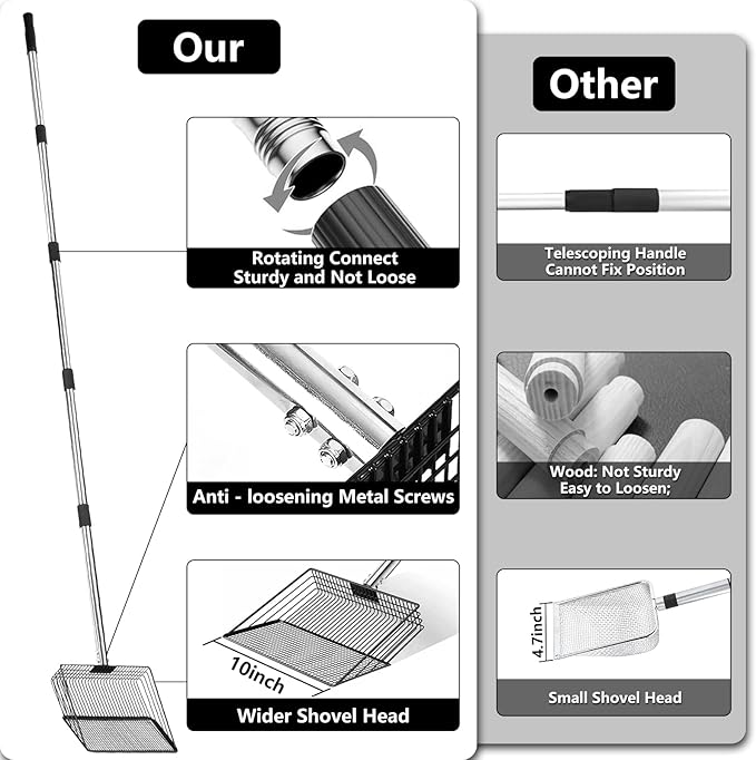 10 Inch Chicken Poop Scooper, Large Metal Chicken Coop Scoop, Chicken Litter Sifting Shovel, Chicken Coop Rake with Retractable Stainless Steel Handle, Chicken Coop Cleaning Tools Accessories-PurrikoPets