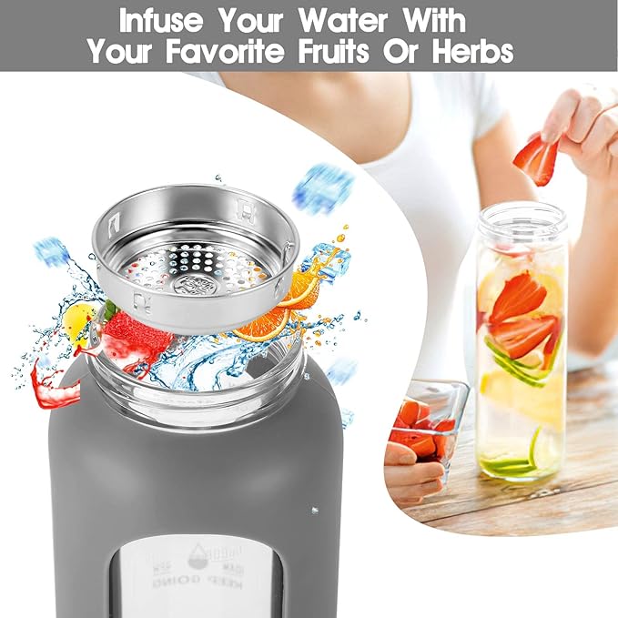 32 oz Glass Water Bottle with Straw - Motivational Time Marker & Silicone Sleeve - Reusable Tumbler Includes 2 Bamboo Lids & Fruit Infuser - 1 Pack-PurrikoPets