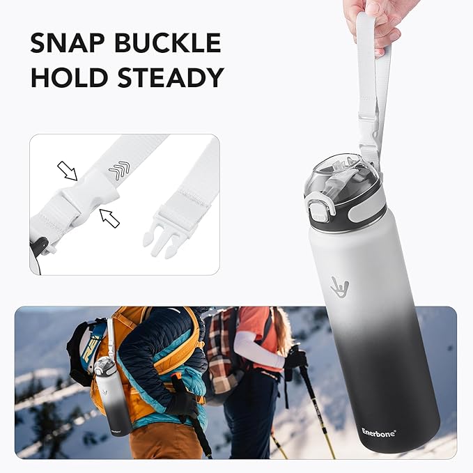 Enerbone 32 oz Insulated Water Bottle, Stainless Steel Bottle with Carrying Strap, Double-Wall Vacuum Insulation Design, Leakproof Sports Bottle with Straw, Keep Drinks Cold or Hot for Hours-PurrikoPets