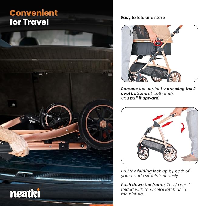 3 in 1 Pet Stroller - Stroller for Small to Medium Dogs and Cats up to 55 lbs, with Detachable Carrier/Car Seat, Foldable and Lightweight, Detachable Cushion + Cup Holder (Black/Gold)-PurrikoPets