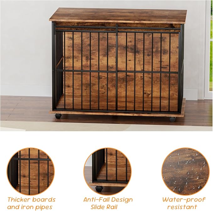 43.7" Dog Crate Furniture, XL Dog Crate Dog Kennel Indoor with Wheels for Large Medium Small Dogs, Wooden Dog Kennel End Table with Sliding Door Wooden Furniture Crates for Living Room, Bedroom-PurrikoPets