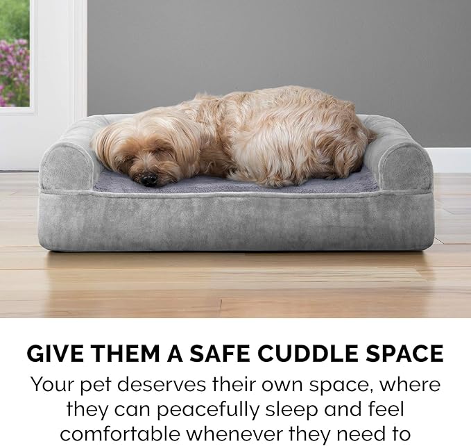 Furhaven Cooling Gel Dog Bed for Medium/Small Dogs w/ Removable Bolsters & Washable Cover, For Dogs Up to 35 lbs - Faux Fur & Velvet Sofa - Smoke Gray, Medium-PurrikoPets