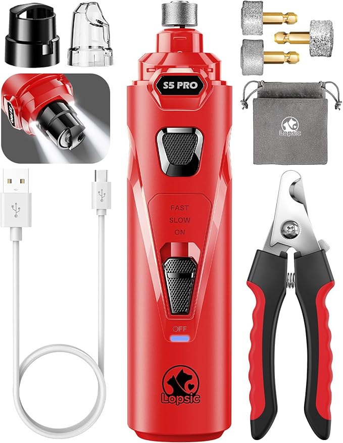 Dog Nail Grinder with 2 LED Lights Powerful 2 Speeds Super Quiet Dog Nail Trimmers with 3 Grinding Wheels Rechargeable Pet Dog Nail Clippers for Large Medium Puppy Dogs Dog Nail File Cat Nail Clipper-PurrikoPets