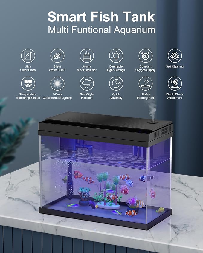 Fish Tank Aquarium Kit, 2.38 Gallon Beta Fish Aquariums, UHD Glass,Temperature Sensing, 7-Color Lighting Small Fish Tank for Kids/Desktop Decor-PurrikoPets