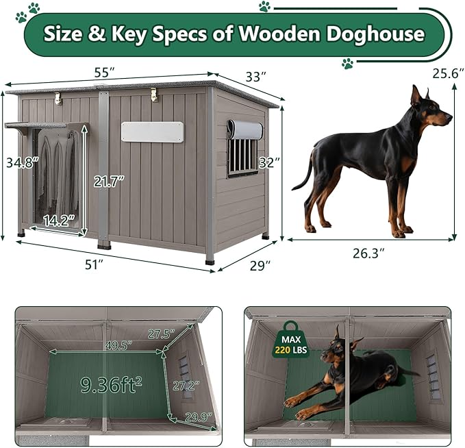 55" Extra Large Outdoor Dog House Weatherproof Wooden Doghouse Indoor for Large Breed Dogs with Anti Bite Frames with Window,10 Elevated Feet, Reinforced Bottom for Pet Up to 220LBS-PurrikoPets