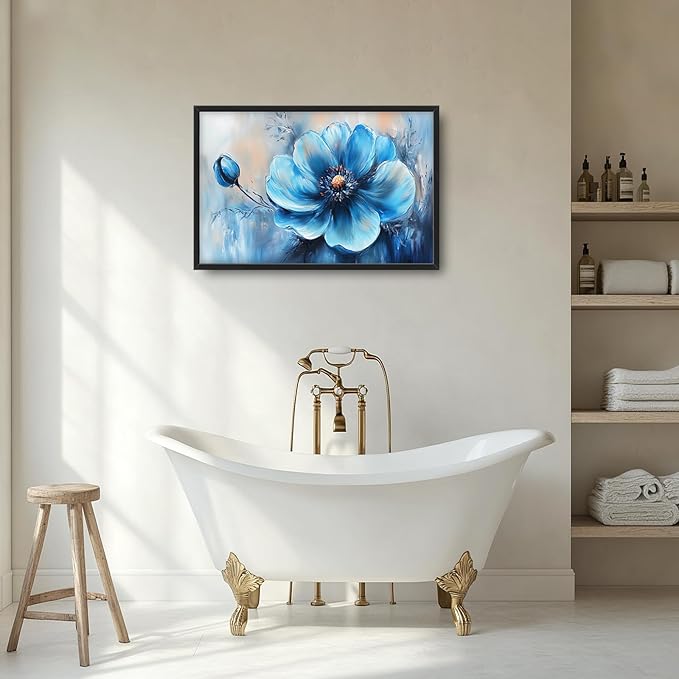 Extra Large Abstract Blue Flower Framed Wall Art for Living Room,Oversized Elegant Floral Pictures Wall Decor,Canvas Print Painting Modern Artwork Bedroom Office Bathroom 36L" x 24W"-PurrikoPets