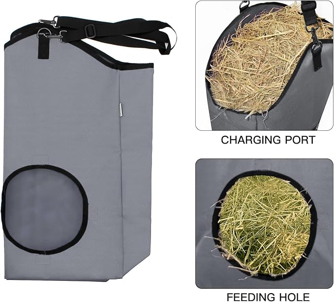 3 Packs Goat Hay Feeder,Hay Bags for Goats,Horses,Sheep,Premium 600D Oxford Cloth,with Metal Fastener and Adjustable Open Feed Hole for Slow Feeding. (1 Black+2Grey)-PurrikoPets