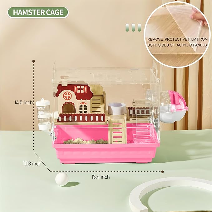 8 in 1 Clear Acrylic Hamster Cage with All Accessories,13.5''L* 10''W* 13''H Dwarf Hamster Cage,Small Hamster Habitat,Garden Style Mouse Cage for Pet Mice,Hamster Enclosure(1-Layer,Pink)-PurrikoPets