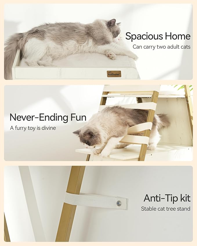 FourFurPets 72.4" Cat Tree, Modern Cat Tower for Indoor Cats, Multi-Level Cat Condo with Caves, Tall Cat Tree with Cat Scratching Board, Wooden Cat Tower with Large Perch, Removable Pads, White-PurrikoPets