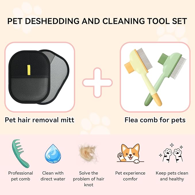 Electrostatic Pet Hair Removal Glove and Cat Dog Flea Comb, Portable Pet Massage and Cleaning Set for Deshedding, Cat Dog Hair Removal on Clothes, Furniture, Car Seats, and Carpets (4PCS)-PurrikoPets
