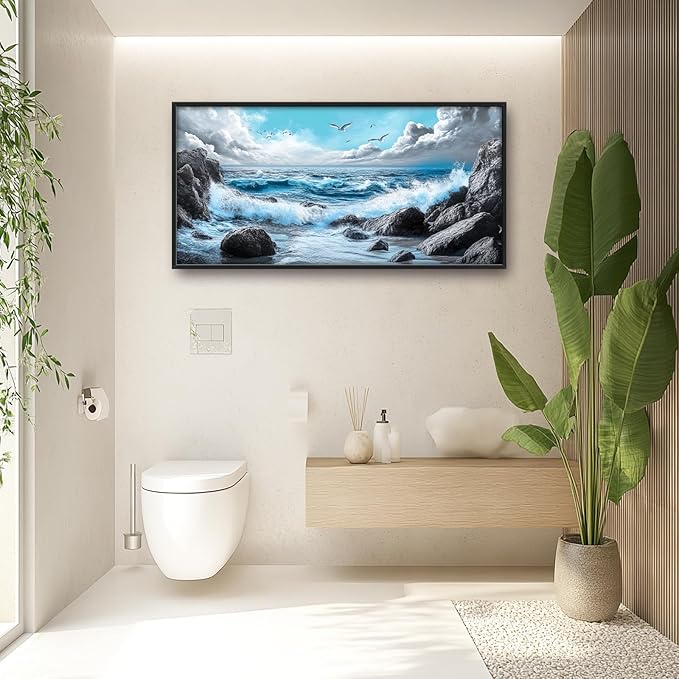 Extra Large Framed Abstract Sea Ocean Wall Art,Black and White Wall Decor, Coastal Seashore Pictures for Living Room,Canvas Print Painting Modern Artwork Bedroom Office Bathroom 60L x 30W-PurrikoPets