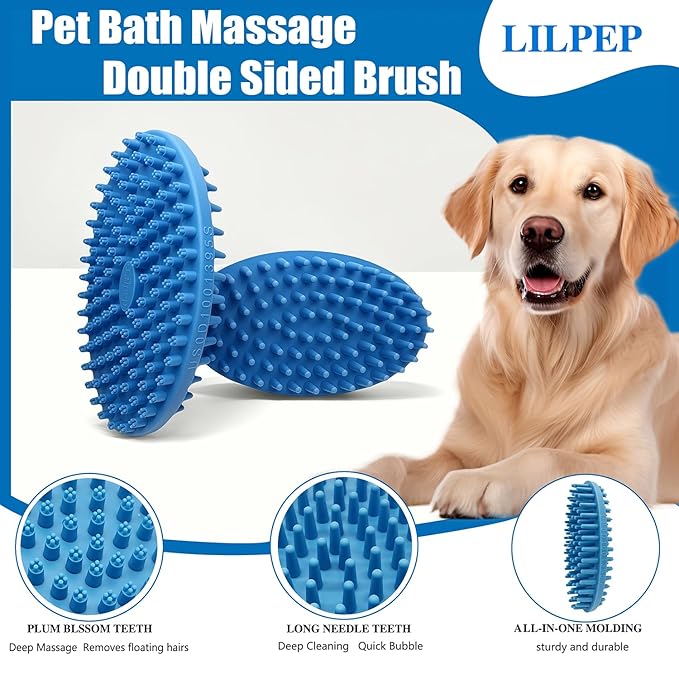 Dog Grooming Brush, Lilpep Pet Shampoo Bath Brush Soothing Massage Rubber Comb with Adjustable Ring Handle for Long Short Haired Dogs and Cats (2 pale blue, 2 sided brush)-PurrikoPets