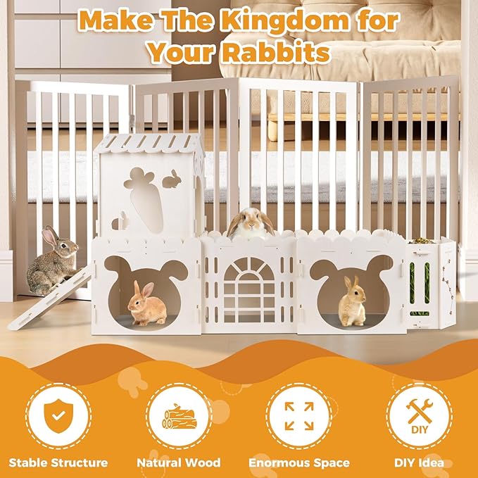 Extra Large Rabbit House, Wooden Bunny House Hideout with 4 Houses and Hay Feeder Indoor, Rabbit Guinea Pig Hideout Multistory Climbing Tower Sturdy Wooden Castle, Small Animal Hideaway Tunnel-PurrikoPets