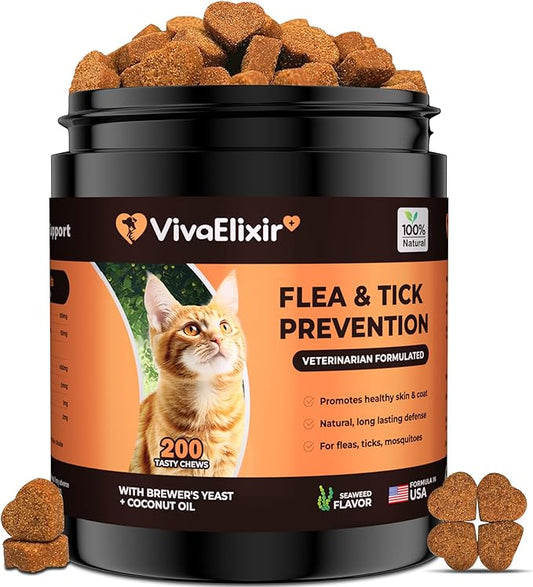 Flea & Tick Treatment for Cats – Natural Flea, Tick & Mosquito Prevention with Brewer’s Yeast, Coconut Oil – Skin & Coat Health, Immune Support – Vet Formulated 200 Chews-PurrikoPets