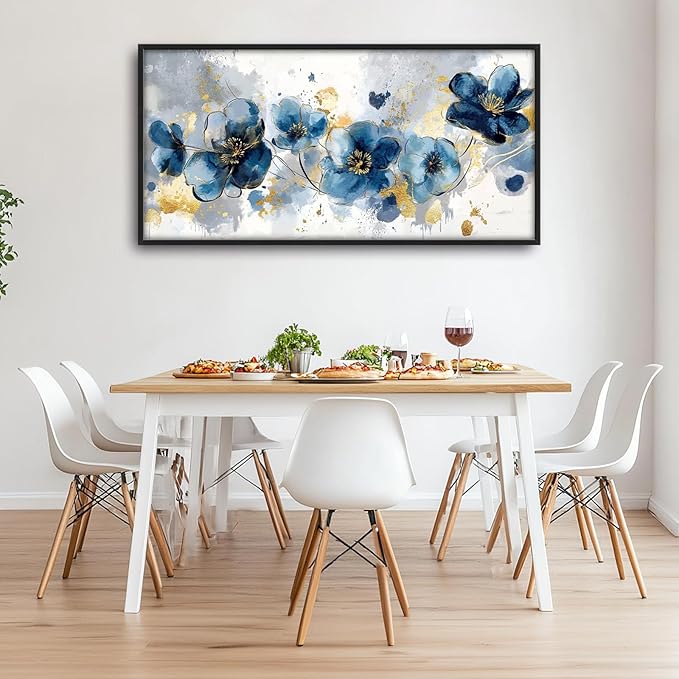 Extra Large Framed Abstract Blue Flower Wall Art,Oversized Golden Grey Floral Wall Decor Pictures for Living Room,Canvas Print Painting Modern Artwork Bedroom Office Bathroom Home Decor 60L" x 30W"-PurrikoPets
