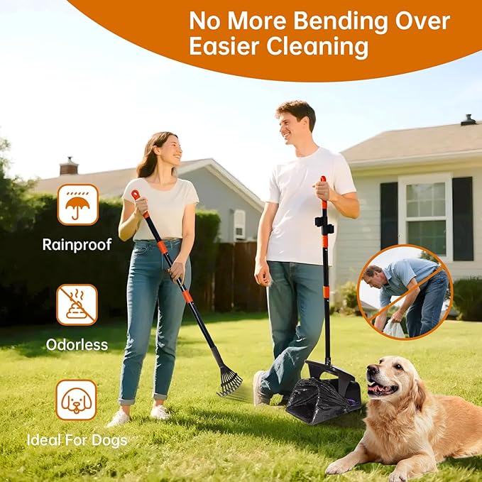 Dog Pooper Scooper with Bags & Dispenser - 37.4" Long Durable Metal Handle Swivel Bin & Rake & Spade Kit, Large Capacity Portable Pooper Scooper for Yards，Easy to Assemble-PurrikoPets