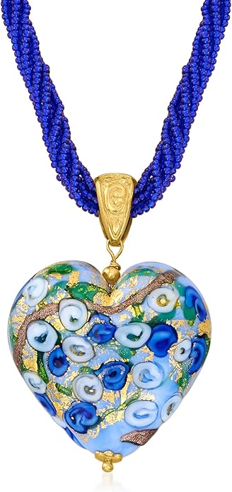 Ross-Simons Italian Multicolored Murano Heart Pendant Necklace in 18kt Gold Over Sterling