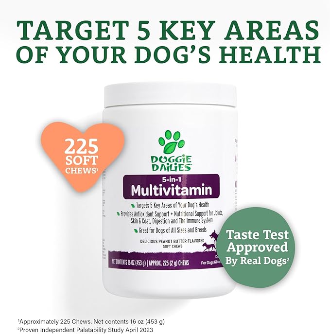 Doggie Dailies 5 in 1 Multivitamin for Dogs, Dog Multivitamin for Skin and Coat Health, Joint Health, Improved Digestion, Antioxidants, Support a Healthy Immune System (Peanut Butter) 225 Soft Chews-PurrikoPets