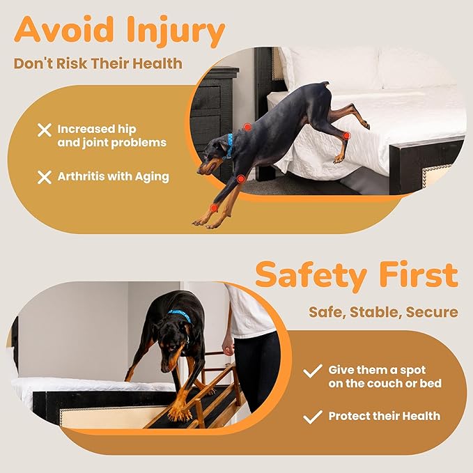 Dog Ramp for Bed, Adjustable Pet Ramps for Dog to Get on Bed, Non-Slip Rubber Surface - Folding Wooden Dog Ramp for Small/Large/Old Dogs, Adjustable up to 23.5 inch High Beds, Safety Railings-PurrikoPets