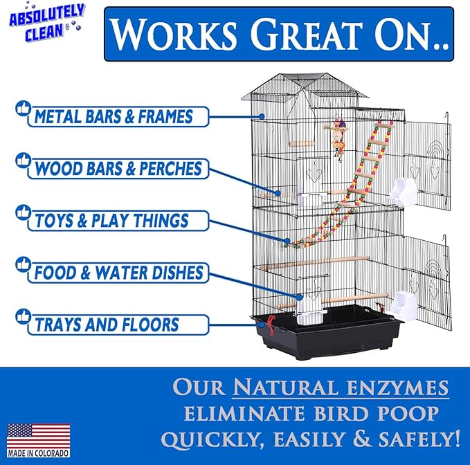 Absolutely Clean Amazing Bird Cage Cleaner and Deodorizer - Just Spray/Wipe - Safely & Easily Removes Bird Messes Quickly and Easily - Made in The US - Fragrance Free - 16oz (Pack of 2)-PurrikoPets