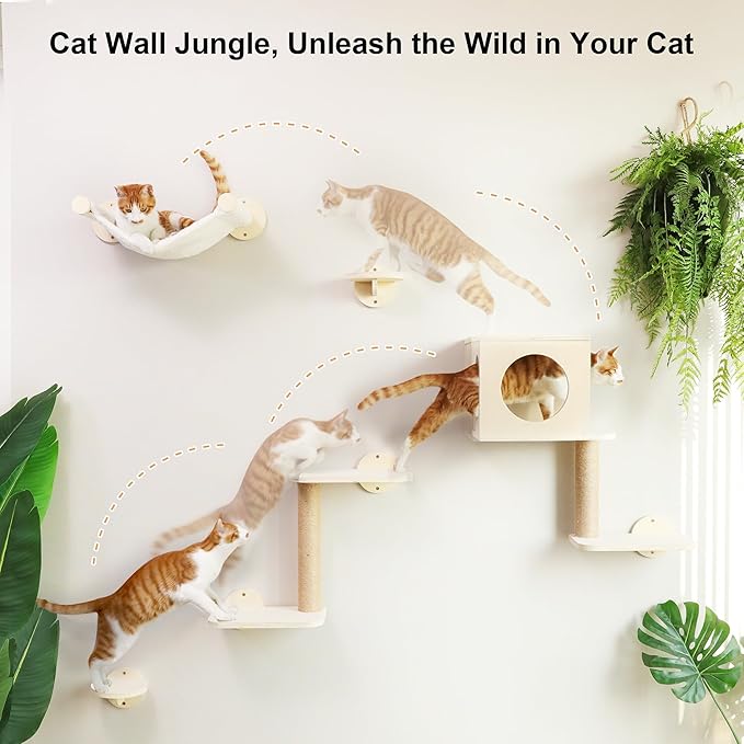 FUKUMARU Cat Wall Shelves, 5-Piece Stable Wooden Wall-Mounted Furniture Set, Kitty Climber with Hammock, House, Steps, Scratching Post (Beige)-PurrikoPets