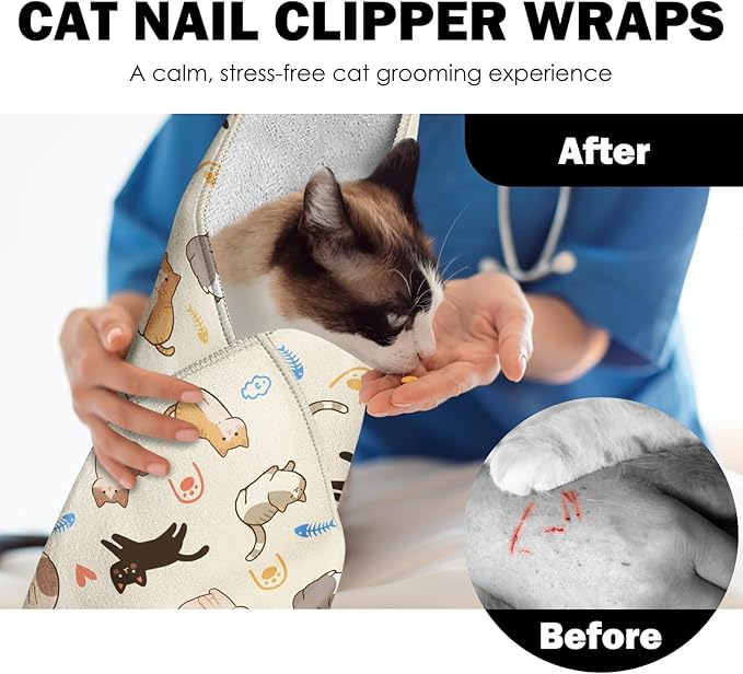 27.6"Cat Grooming Wrap, Self Adhesive Cat Wrap for Cutting Nails, Anti-Escape Calming Cat Swaddle Wrap for Medicine Ear Cleaning, Anti-Scratch Cats Burrito Restraint Blanket, Multifunctional Pet Tool-PurrikoPets