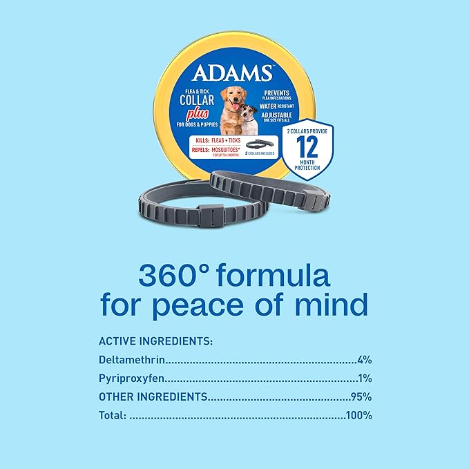 Adams Flea & Tick Collar Plus for Dogs & Puppies |2 Pack |12-Month Protection |One Size Fits All Dogs & Puppies 12 Weeks and Older |Kills Fleas and Ticks |Repels Mosquitoes (excluding California)-PurrikoPets