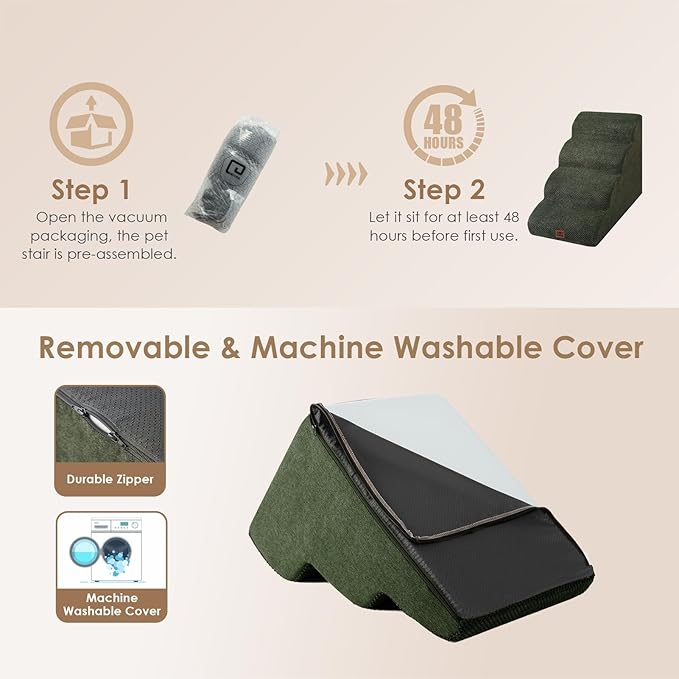 EHEYCIGA Curved Dog Stairs Ramp for High Beds 19.7" H, 4-Step Dog Steps for Small Dogs and Cats, Pet Stairs for High Bed Climbing, Non-Slip Balanced Pet Step Indoor, Olive Green-PurrikoPets