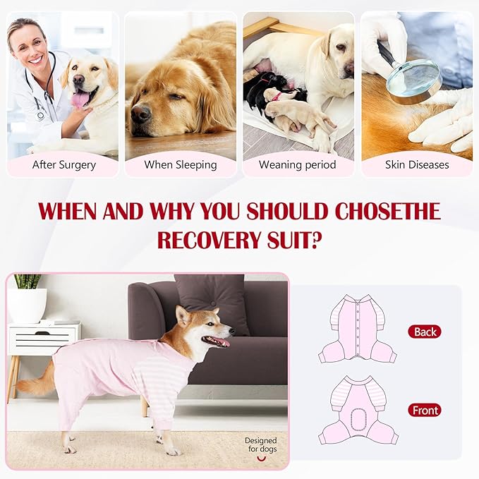 Dog Recovery Suit, Abdominal Wound After Surgery Wear, Anti Licking Bodysuit with Snaps, E-Collar & Cone Alternatives, Long Sleeve Dog Spay Surgical Pajamas Prevent Shedding(XL, Pink)-PurrikoPets