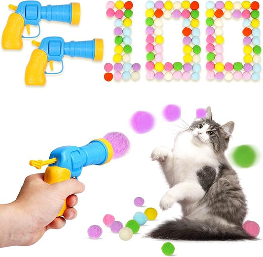 100Pcs Cat Toys Pom Pom Balls with 2 Launchers Set, Interactive Cat Toy Stuff for Indoor Both Adult & Kitten Toys-PurrikoPets