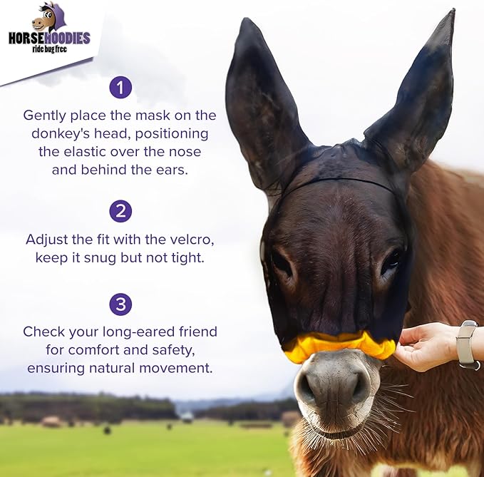 Donkey Fly Mask with Long Ears (Orange) Made in USA - Mule Fly Mask with Ears Protection from Insects and Bugs, Small Donkey Soft Mesh Fabric with Adjustable Fastener, Face Cover Supplies for Donkeys-PurrikoPets