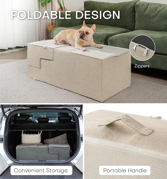 Dog Stairs for High Bed, Dog Steps for Bed Couch Sofa, 35D Foam Extra Wide Pet Steps for Small Dogs and Cats, Pet Stairs with Non-Slip Bottom Beige, 4 Steps-PurrikoPets