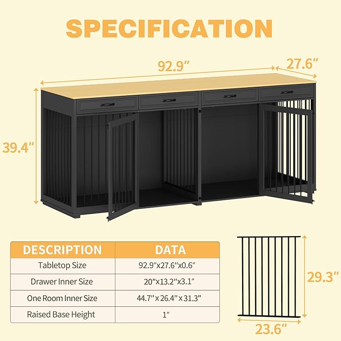 Extra Large Dog Crate with Double Rooms, 93" Heavy Duty Wooden Dog Cage Furniture Dog Crate Kennel w/Drawers & Removable Divider,Indoor Luxury Dog House for Large Dogs,Black-PurrikoPets