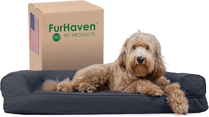 Furhaven Cooling Gel Dog Bed for Large/Medium Dogs w/ Removable Bolsters & Washable Cover, For Dogs Up to 55 lbs - Quilted Sofa - Iron Gray, Large-PurrikoPets