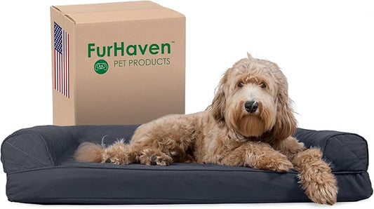 Furhaven Cooling Gel Dog Bed for Large/Medium Dogs w/ Removable Bolsters & Washable Cover, For Dogs Up to 55 lbs - Quilted Sofa - Iron Gray, Large-PurrikoPets