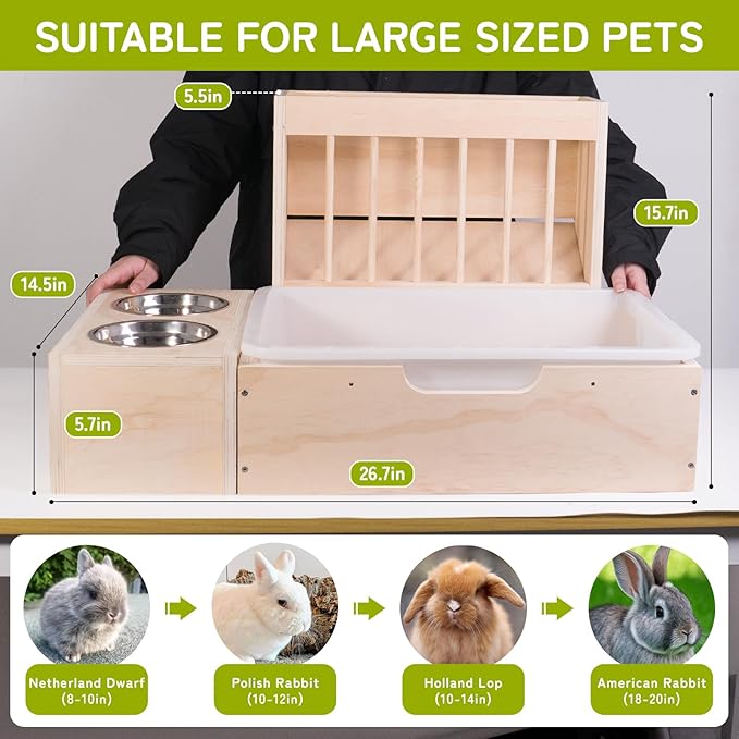 3 in 1 Extra Large Rabbit Hay Feeder with Litter Box, Wooden Bunny Toilet, for Large and Medium-Sized Dwarf Rabbit, Guinea Pig, Chinchillas, Hamster, Ferret, Other Animals-PurrikoPets