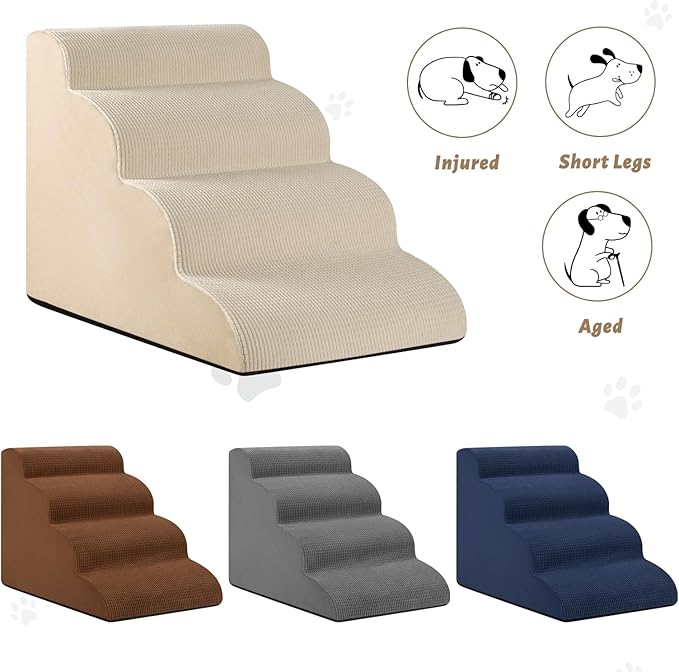 4-Step Dog Stairs and Ramp for Beds or Couches,Non-Slip Sturdy Pet Steps for Small Dogs and Cats,17.4" H,Beige-PurrikoPets