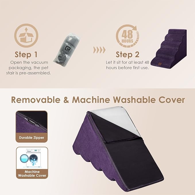 EHEYCIGA Curved Dog Stairs Ramp for High Beds 22.6" H, 5-Step Dog Steps for Small Dogs and Cats, Pet Stairs for High Bed Climbing, Non-Slip Balanced Pet Step Indoor, Purple-PurrikoPets