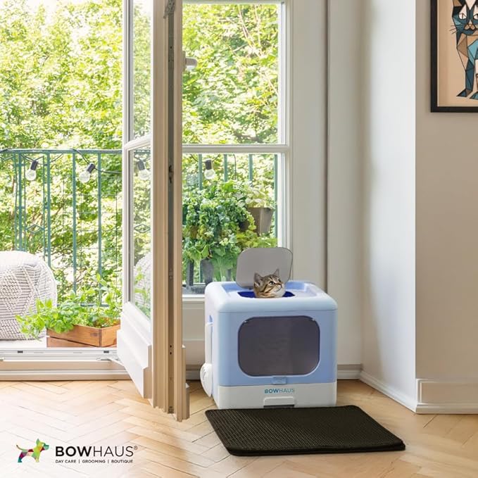 Foldable Cat Litter Box w/Lid, Scoop & Mat, Drawer Design Cat Toilet for Kitten, Two-Way Entry Kitty Litter Box, Odor Control & Easy to Clean, Blue-PurrikoPets